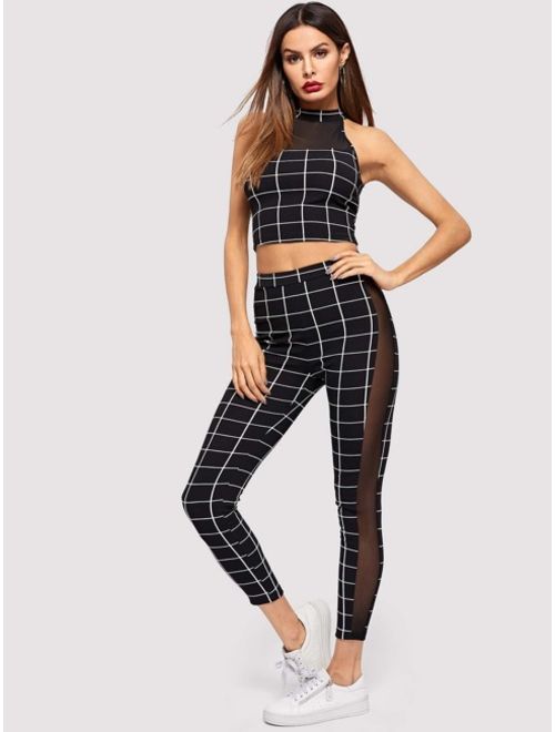 Shein Mesh Insert Crop Grid Top & Leggings Set