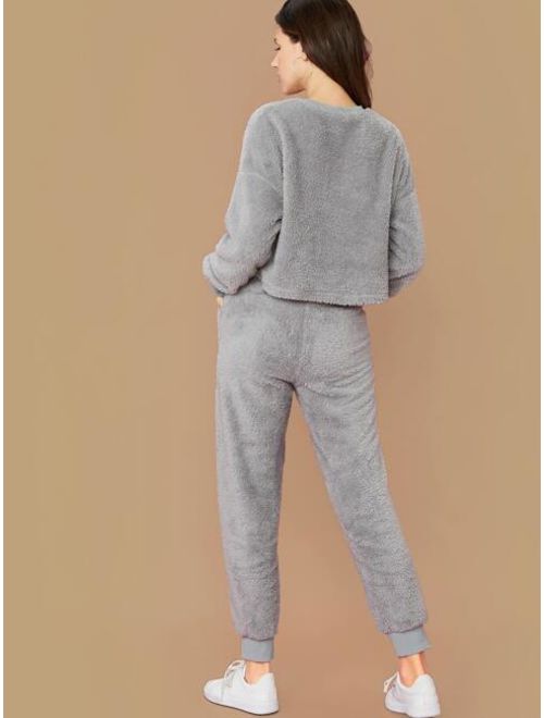 Shein Drop Shoulder Teddy Crop Pullover and Joggers Set