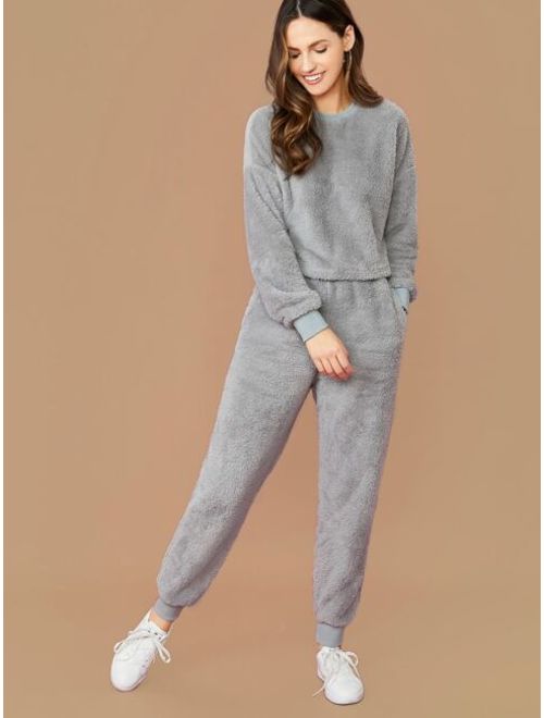Shein Drop Shoulder Teddy Crop Pullover and Joggers Set