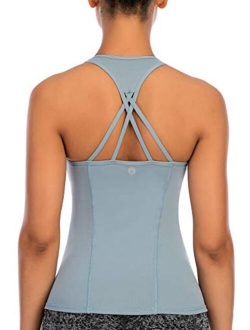 Yoga Tank Tops for Women Built in Shelf Bra B/C Cups Strappy Back Activewear Workout Compression Tops