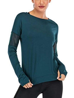 Fihapyli Women's Plain Long Sleeve T Shirt Workout Top Loose Yoga Tops Gym Sports T-Shirt with Thumb Hole