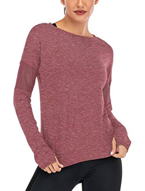 Fihapyli Women's Plain Long Sleeve T Shirt Workout Top Loose Yoga Tops Gym Sports T-Shirt with Thumb Hole