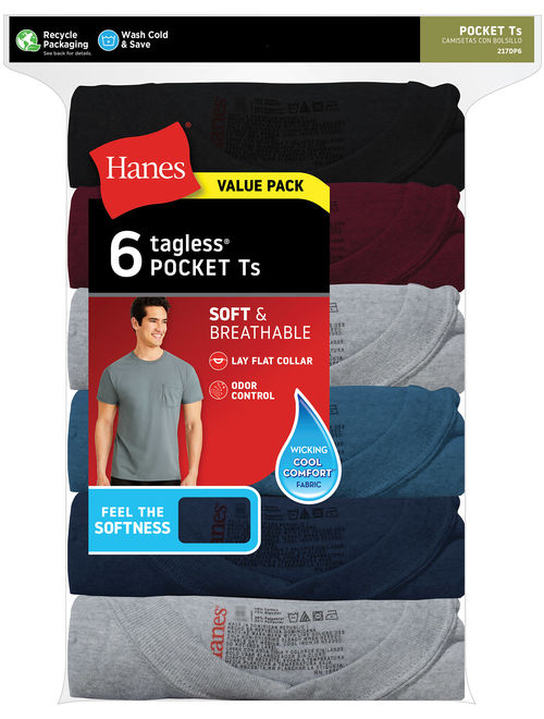 Hanes Men's ComfortSoft Tagless Pocket T-Shirts, 6-Pack