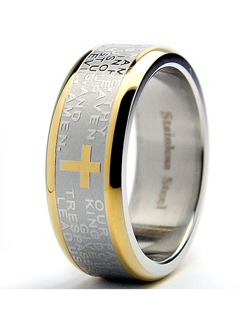 Men's Lord's Prayer Ring Christian Cross Stainless Steel 8MM Goldtone Sizes 7-12