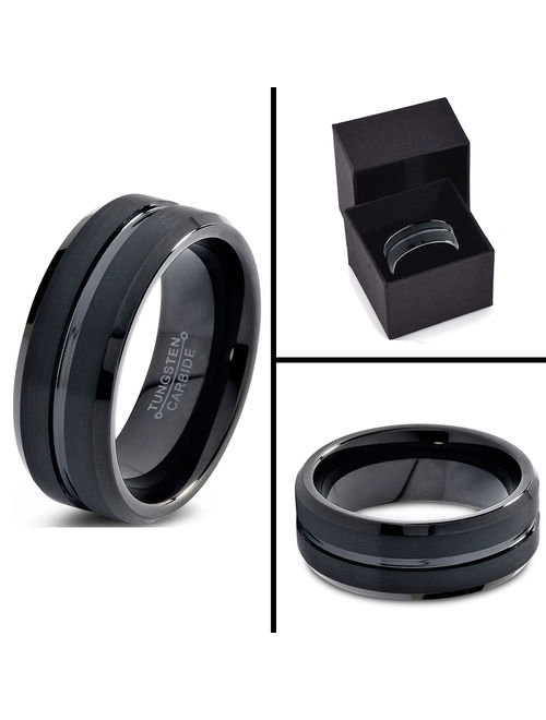 Charming Jewelers Tungsten Wedding Band Ring 8mm for Men Women Comfort Fit Black Beveled Edge Polished Brushed Lifetime Guarantee