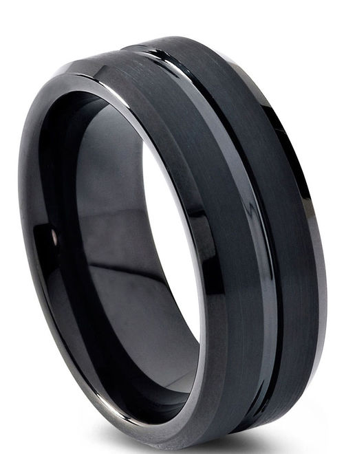 Charming Jewelers Tungsten Wedding Band Ring 8mm for Men Women Comfort Fit Black Beveled Edge Polished Brushed Lifetime Guarantee