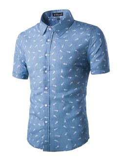 uxcell Men Short Sleeves Fishbone Printed Cotton Chambray Button Down Casual Business Shirt