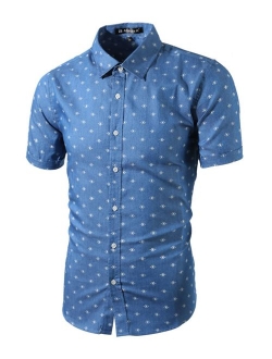 uxcell Men Short Sleeves Fishbone Printed Cotton Chambray Button Down Casual Business Shirt