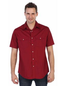 Mens Casual Western Solid Short Sleeve Pearl Snaps Shirt