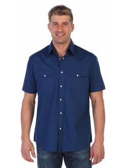 Mens Casual Western Solid Short Sleeve Pearl Snaps Shirt