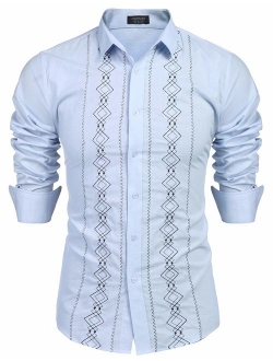 Men's Long Sleeve Guayabera Cuban Shirt Casual Button Down Cotton Linen Shirt