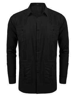 Men's Long Sleeve Guayabera Cuban Shirt Casual Button Down Cotton Linen Shirt