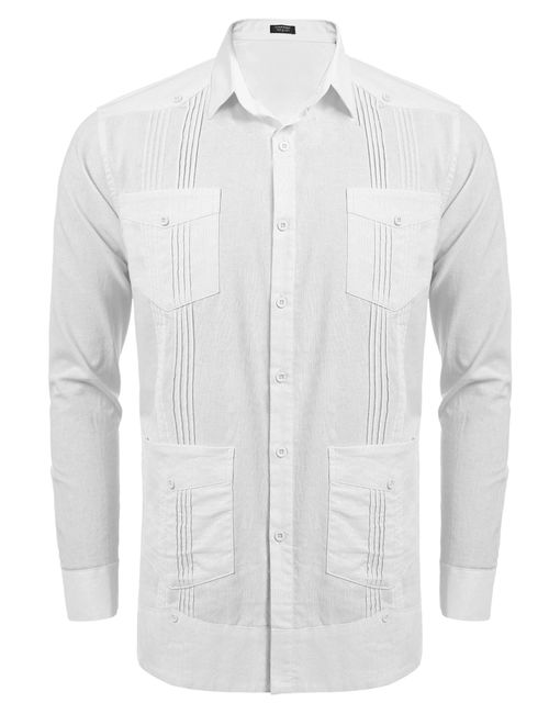 COOFANDY Men's Long Sleeve Guayabera Cuban Shirt Casual Button Down Cotton Linen Shirt