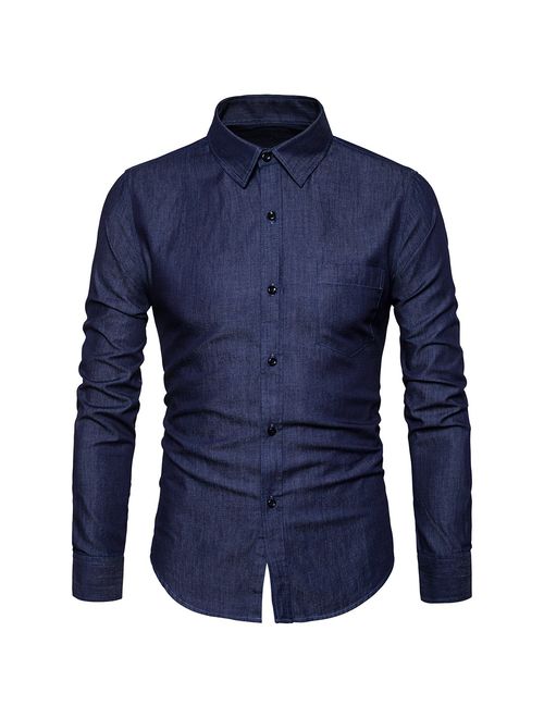 SIR7 Men's Casual Long Sleeve Lightweight Denim Shirt 100% Cotton Button Down Dress Shirts