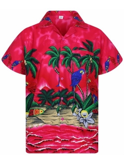 Funky Hawaiian Shirt Men Shortsleeve Frontpocket Hawaiian-Print Parrot Flowers