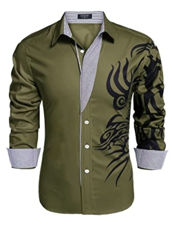 Men's Print Button Down Dress Shirt Fashion Long Sleeve Casual Shirts