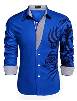 Men's Print Button Down Dress Shirt Fashion Long Sleeve Casual Shirts