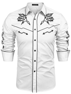 Mens Western Cowboy Shirt Embroidered Denim Long Sleeve Casual Button Down Shirt