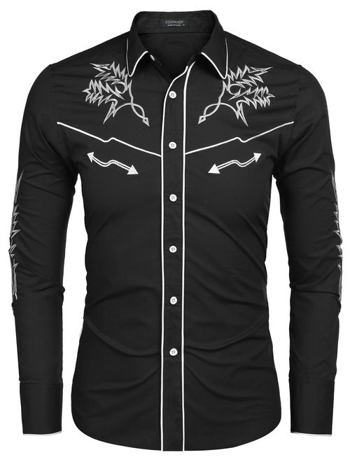 COOFANDY Mens Western Cowboy Shirt Embroidered Denim Long Sleeve Casual Button Down Shirt
