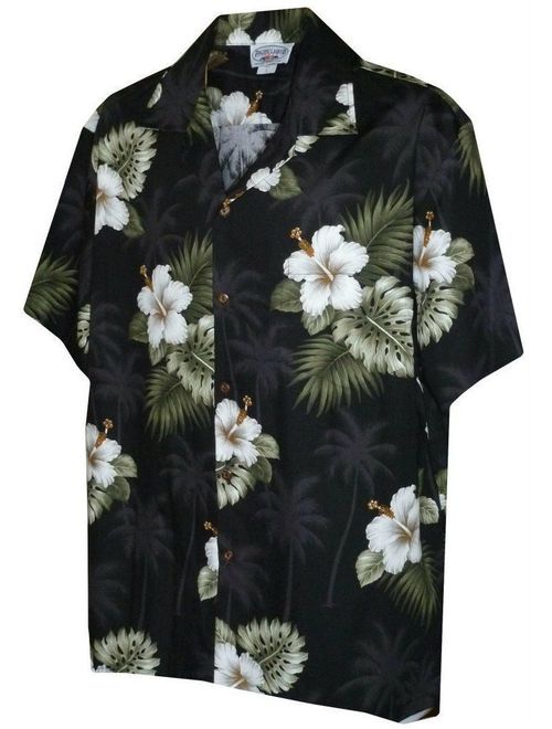 Pacific Legend Men's Hibiscus & Palm Hawaiian Shirt (Black)