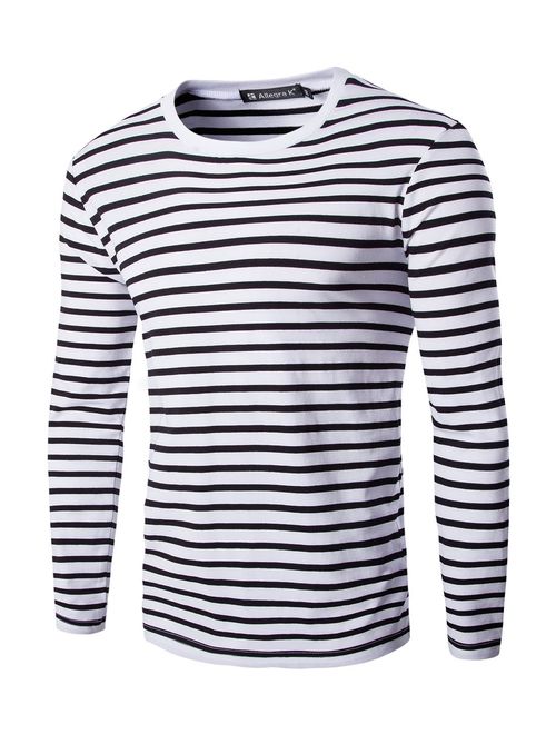 uxcell Men's Casual Striped T Shirt Crew Neck Long Sleeve Knitted Pullover Tee Top