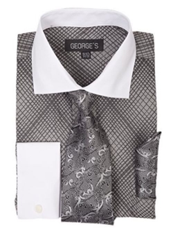 George's Small Check Pattern Fashion Dress Shirt With Woven Tie Set AH624
