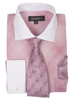 George's Small Check Pattern Fashion Dress Shirt With Woven Tie Set AH624
