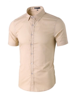 uxcell Men Short Sleeves Dots Allover Print Cotton Button Down Shirt