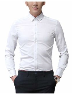 Plaid&Plain Men's Slim Fit Dress Shirts Spread Collar Poplin Shirt Wrinkle Free Shirts