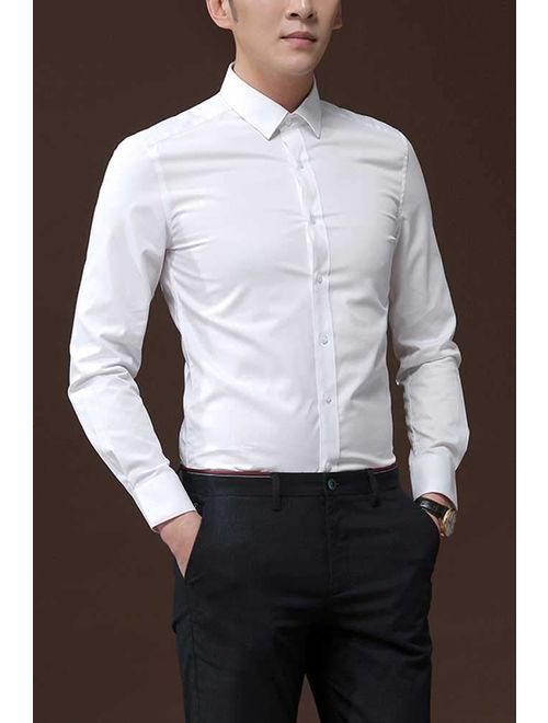 Plaid&Plain Men's Slim Fit Dress Shirts Spread Collar Poplin Shirt Wrinkle Free Shirts