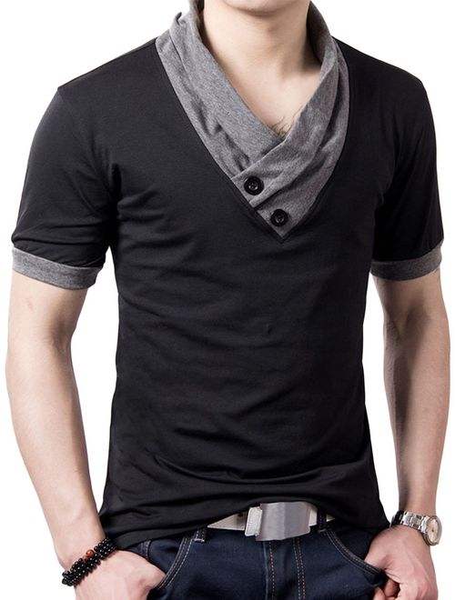 L'ASHER Men Summer Fashion Button V Neck Slim Muscle Tops Tee T Shirt Long Short Sleeve
