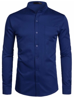 Men's Slim Fit Long Sleeve Casual Button Down No Collar Dress Shirts with Pocket