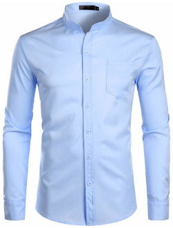 Men's Slim Fit Long Sleeve Casual Button Down No Collar Dress Shirts with Pocket