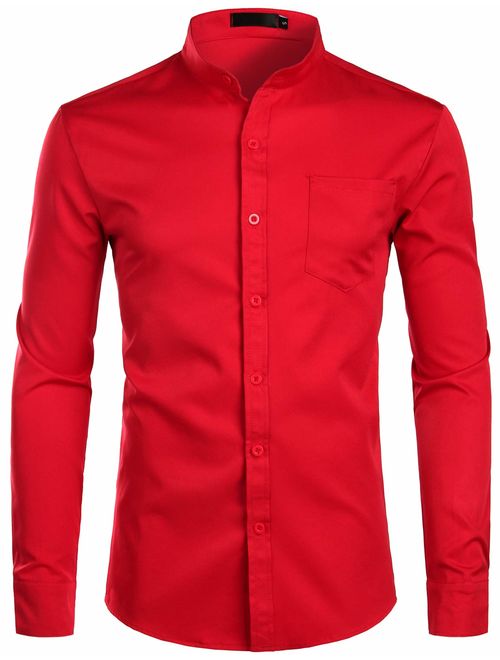 ZEROYAA Men's Slim Fit Long Sleeve Casual Button Down No Collar Dress Shirts with Pocket