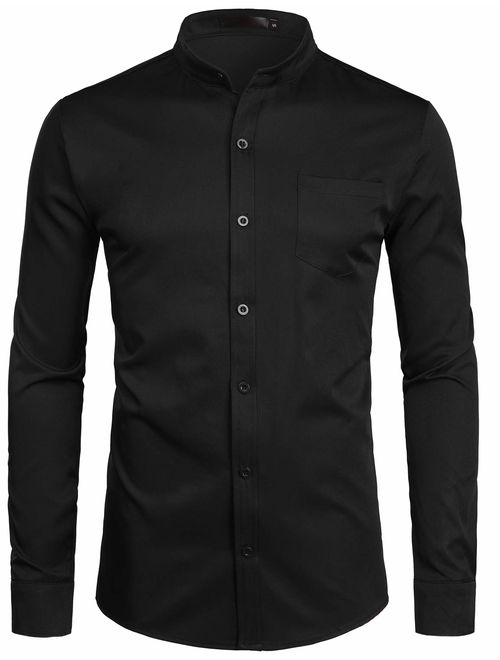 ZEROYAA Men's Slim Fit Long Sleeve Casual Button Down No Collar Dress Shirts with Pocket