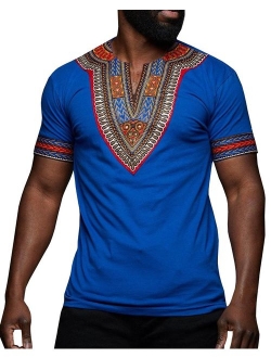 Makkrom Mens Dashiki African Tribal Floral V Neck Short Sleeve T Shirt Blouse Tops