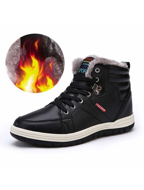 Ceyue Mens Leather Snow Boots Lace up Ankle Sneakers High Top Winter Shoes with Fur Lining
