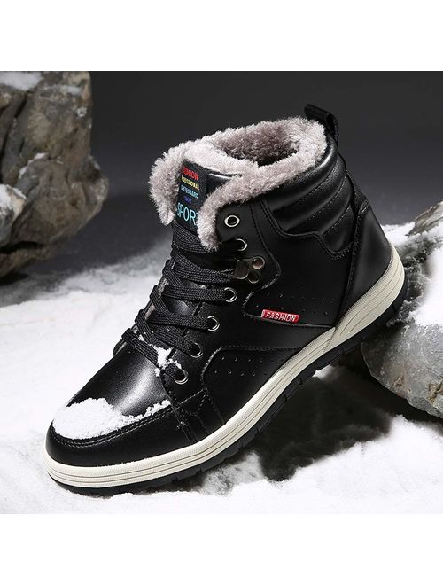 Ceyue Mens Leather Snow Boots Lace up Ankle Sneakers High Top Winter Shoes with Fur Lining