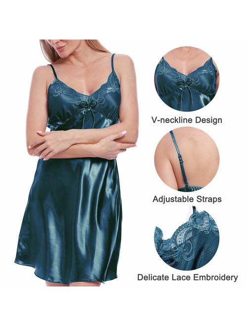 BellisMira Nightgowns for Women Satin Sexy Sleepwear V Neck, Spaghetti Strap Silk Lace Chemise Nightdress