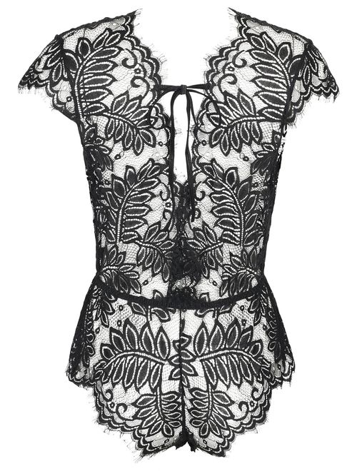 AvaLolita Women's Lingerie Floral Lace Bodysuit Deep V Babydoll
