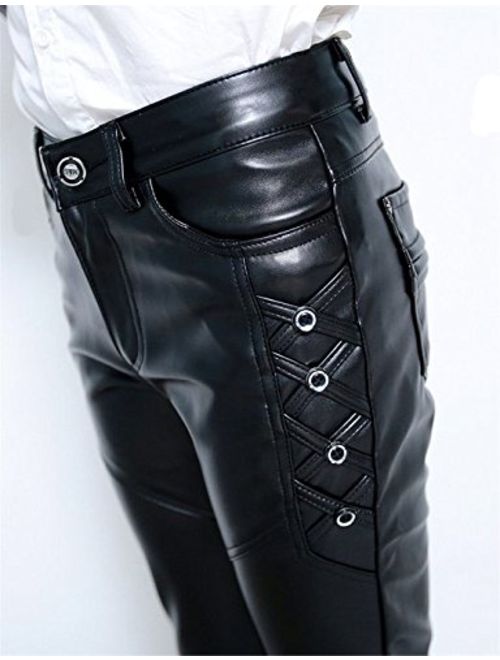 Idopy Men`s Black Slim Fit Soft PU Faux Leather Biker Pants