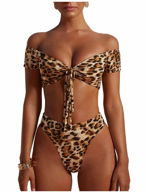 PRETTYGARDEN Women's Two Pieces Leopard Print Knot Front Crop Off-Shoulder High Cut Bandeau Bikini Sets Bathing Suit