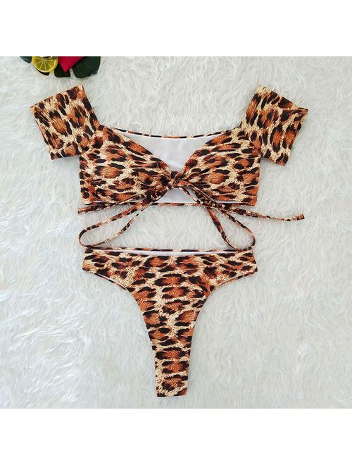 PRETTYGARDEN Women's Two Pieces Leopard Print Knot Front Crop Off-Shoulder High Cut Bandeau Bikini Sets Bathing Suit