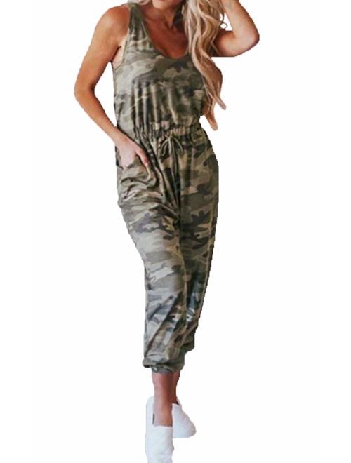 Prettygarden Angashion Women's Jumpsuits-Camouflage Striped Solid Casual Loose Sleeveless Elastic Waist Long Pants Rompers with Pockets