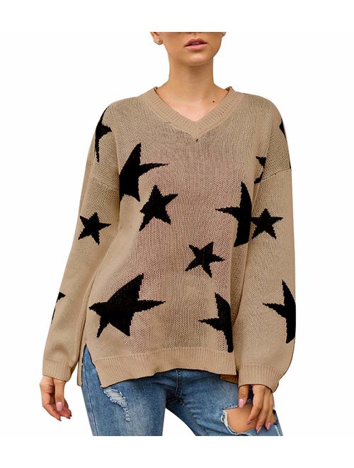 PRETTYGARDEN Women's Winter V Neck Lantern Long Sleeve Star Color-Block Split Knit Sweater Pullover Tops