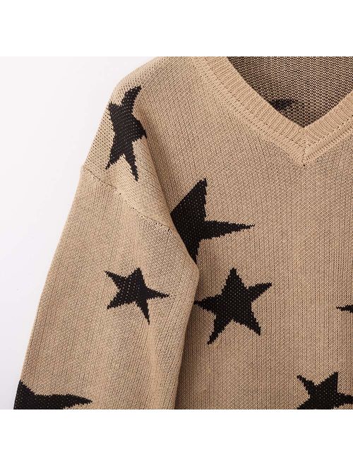 PRETTYGARDEN Women's Winter V Neck Lantern Long Sleeve Star Color-Block Split Knit Sweater Pullover Tops