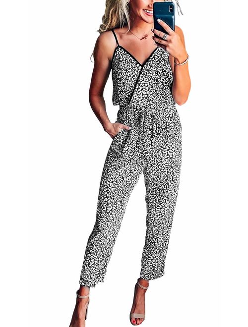 PRETTYGARDEN Women's Sexy Wrap V Neck Leopard Print Spaghetti Strap Long Pants Jumpsuits Rompers with Pockets