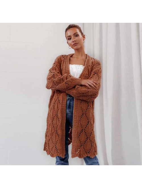 PRETTYGARDEN Women's Elegant Lightweight Sweater Open Front Long Sleeve Hollow Out Side Split Knit Long Cardigan Coat Outwaer