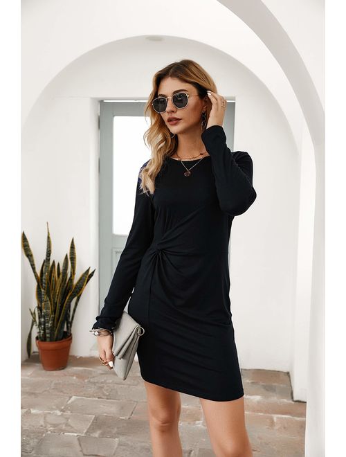 PRETTYGARDEN Women's Fashion Solid Long Sleeve Crew Neck Bodycon Ruched Dresses Stretchy T Shirt Knot Short Dress