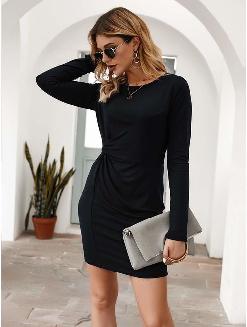 PRETTYGARDEN Women's Fashion Solid Long Sleeve Crew Neck Bodycon Ruched Dresses Stretchy T Shirt Knot Short Dress